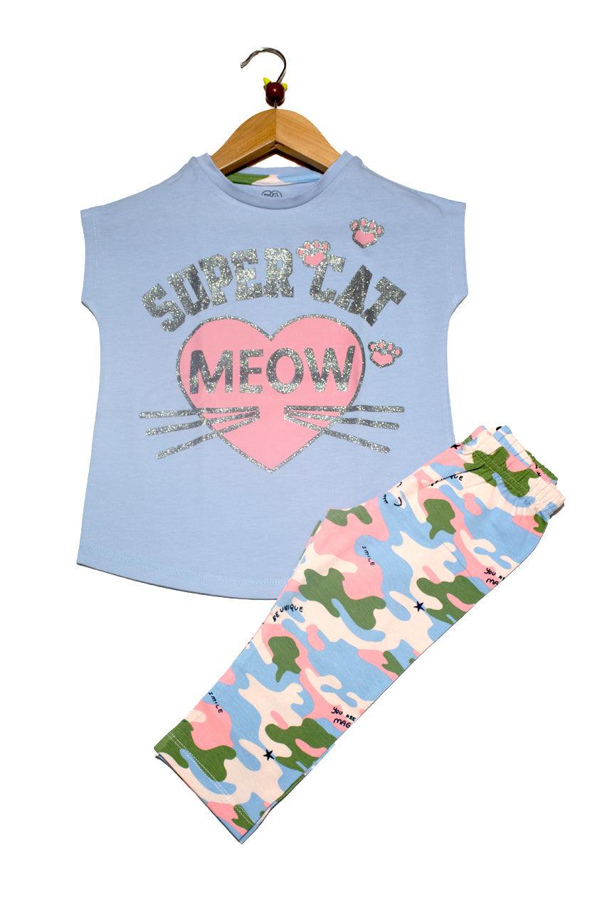 Girl's summer outfits with super cat print - 2 pieces