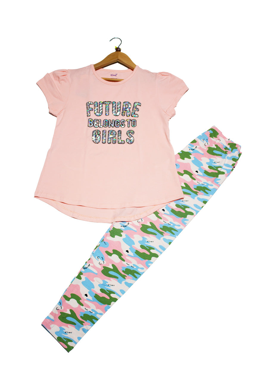 Summer girls' tracksuit with (Future pink Belongs To Girls) design - 2 pieces