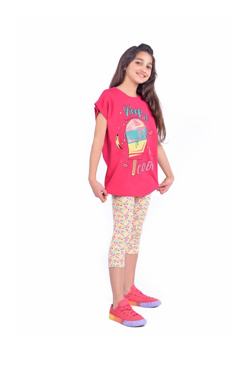 Girl's summer pajamas with Ice Cream printed - side view
