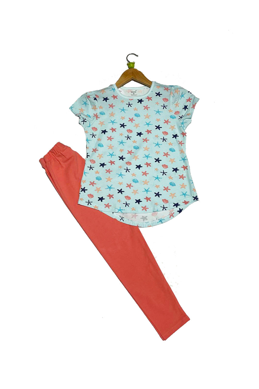 Girl's summer pajamas with Mermaid print -red pants