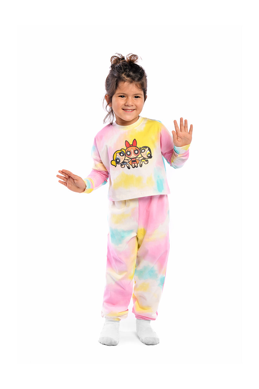 Girl's winter cotton pajamas with power puff print  - front view