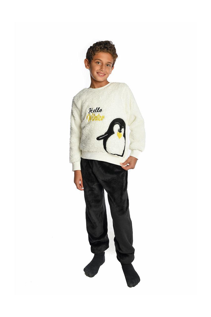 Boy's winter pajamas with hello winter print - front view
