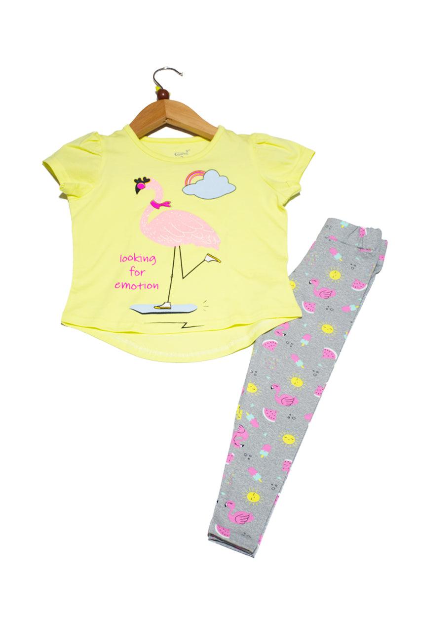 Summer girl's homewear with Flamingo Yellow printed 2 pieces