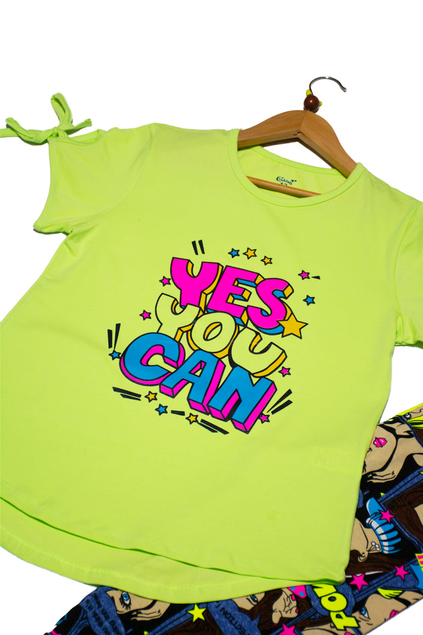 Girl's summer pajamas with a (yes you can ) print - 2 pieces