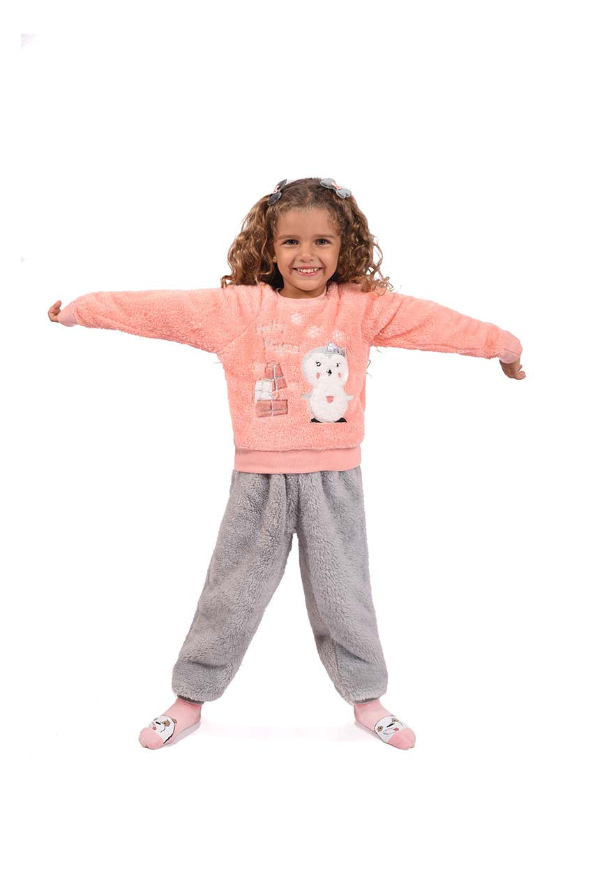 Winter girls' fur pajamas with a Pretty Penguin design - front view