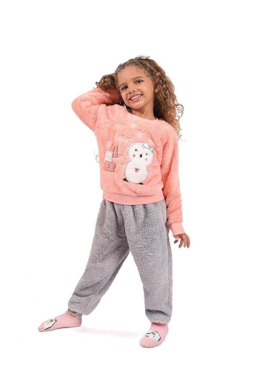 Winter girls' fur pajamas with a Pretty Penguin design - side view