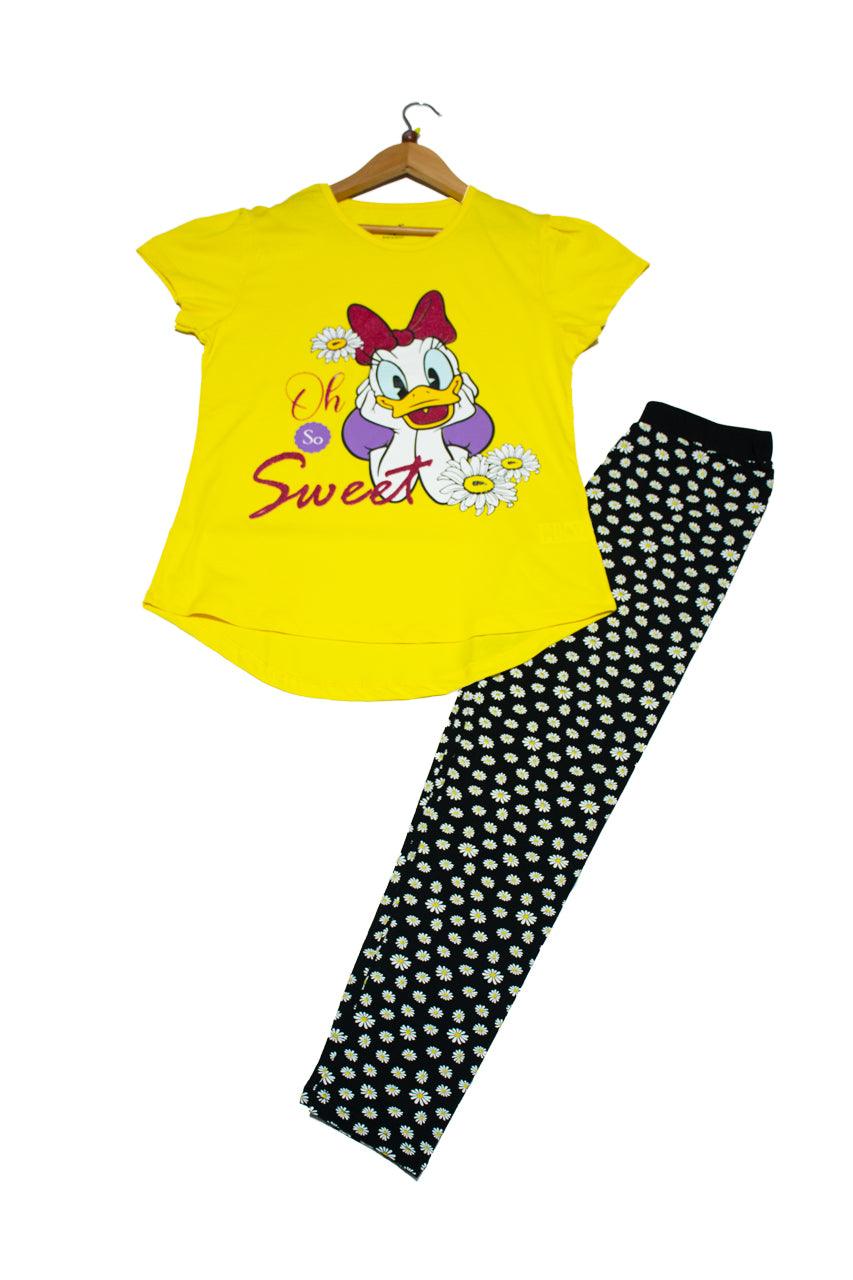 Girls' summer pajamas with Sun Flowers glitter print yellow t-shirt and pants