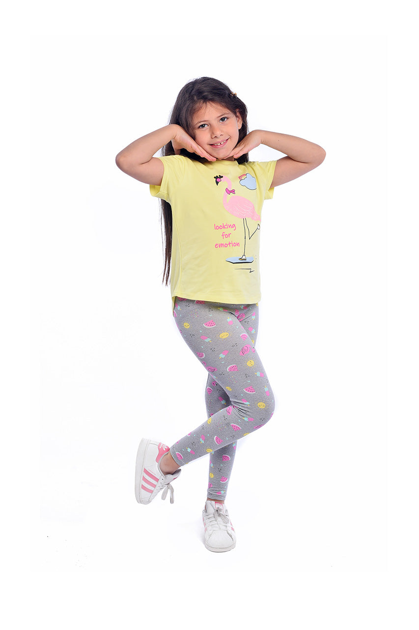 Summer girl's homewear with Flamingo Yellow printed- side view
