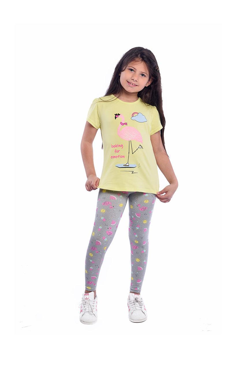 Summer girl's homewear with Flamingo Yellow printed - front view