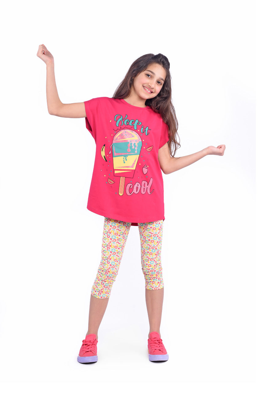 Girl's summer pajamas with Ice Cream printed - front view