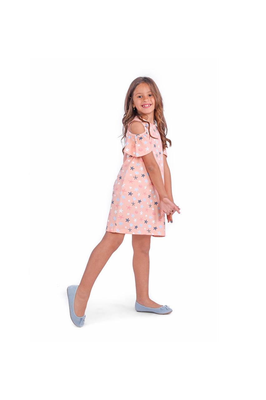 Girl's summer dress with Crew Neck (  pink Seashell Dress )- side view
