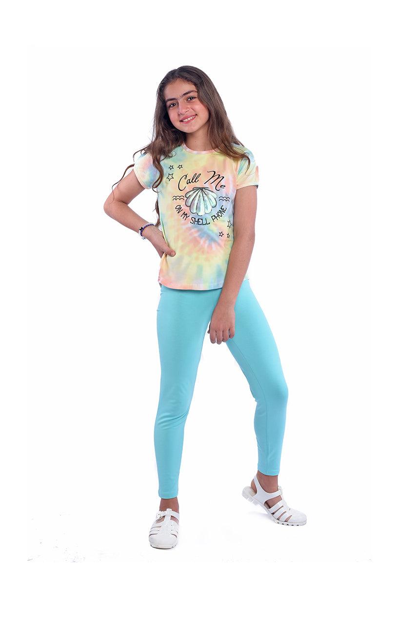 Girl's summer activewear with Tie Dye Seashell design - side view