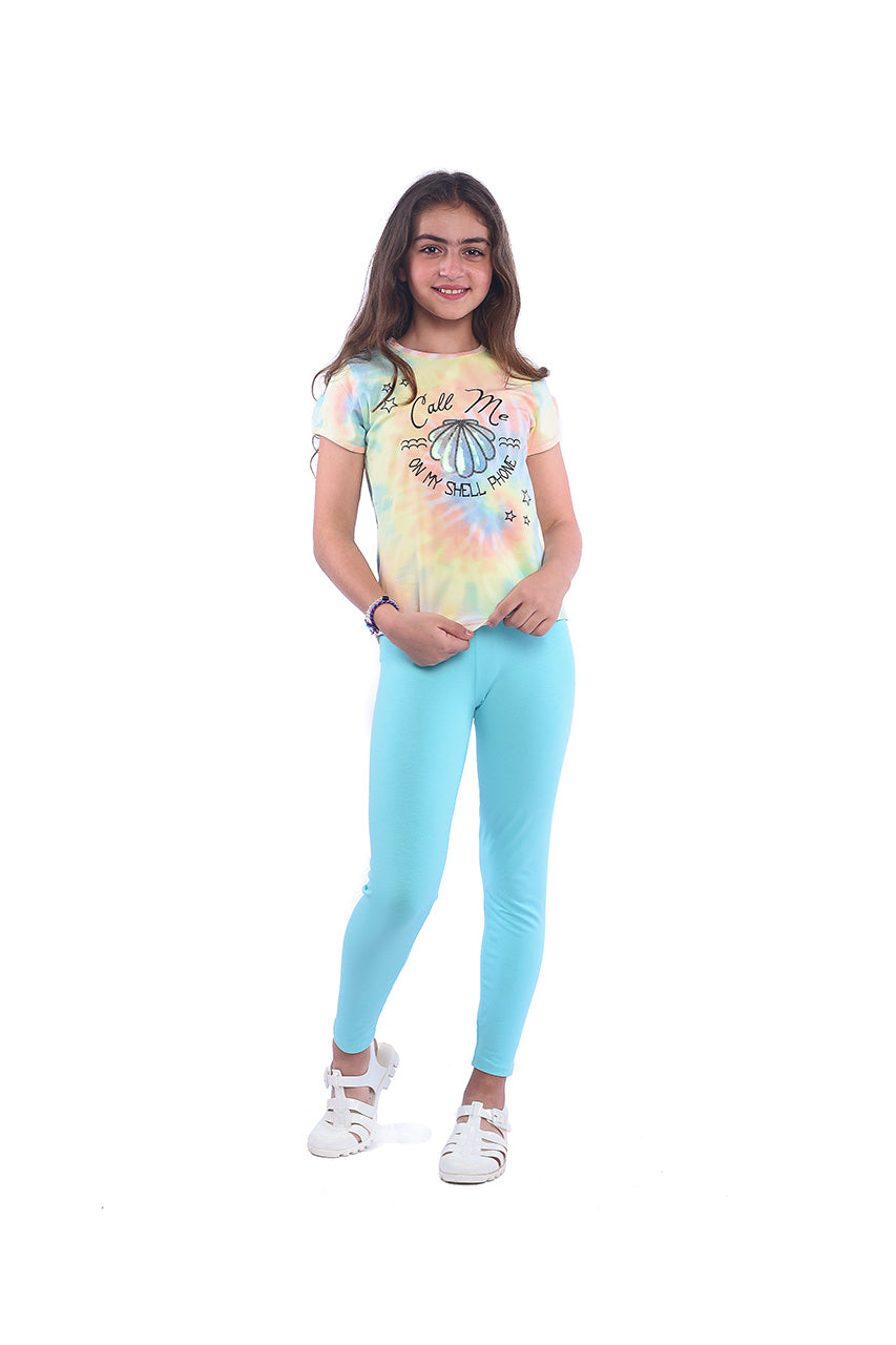 Girl's summer activewear with Tie Dye Seashell design - front view