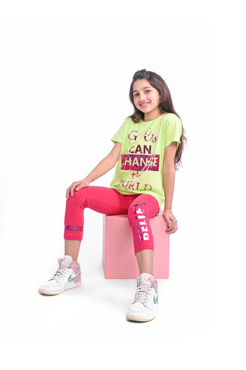Summer girls' sportswear with Girls Can Change print