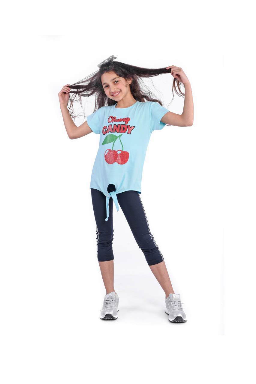 Girl's summer activewear with Cherry Candy design - front view