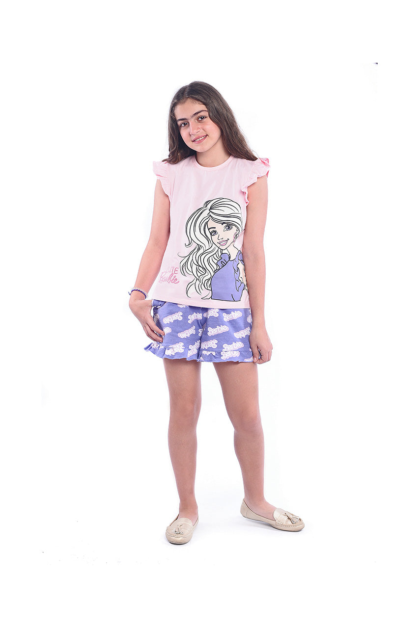 Girl's summer Outfit with Beautiful print (Barbie) - front view