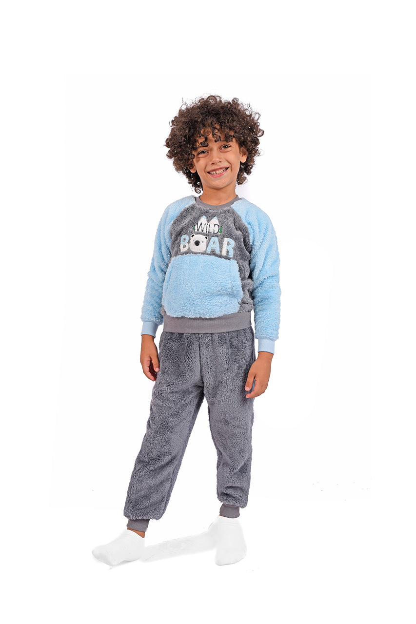 Winter fur pajamas for Boy, with Wild Bear design  -front view