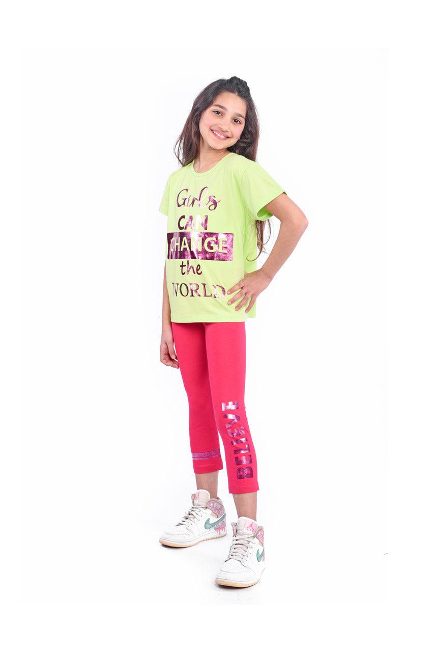 Summer girls' sportswear with Girls Can Change print - side view