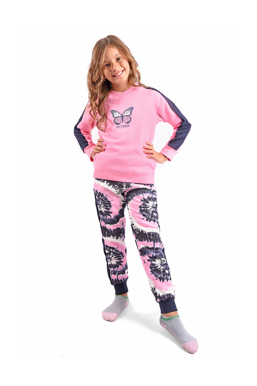 Milton girl's winter pajamas pink butterfly design - front view