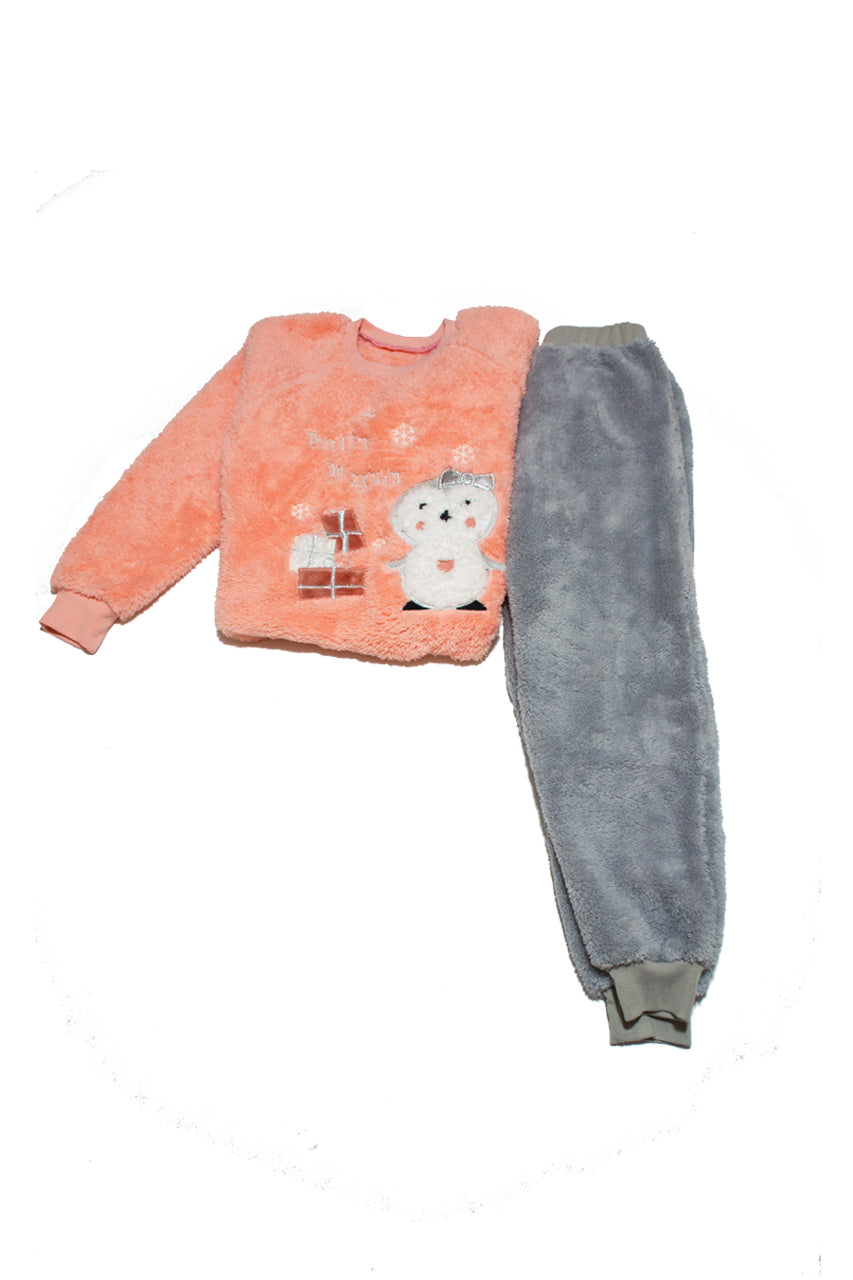 2 pieces Winter girls' fur pajamas with a Pretty Penguin design